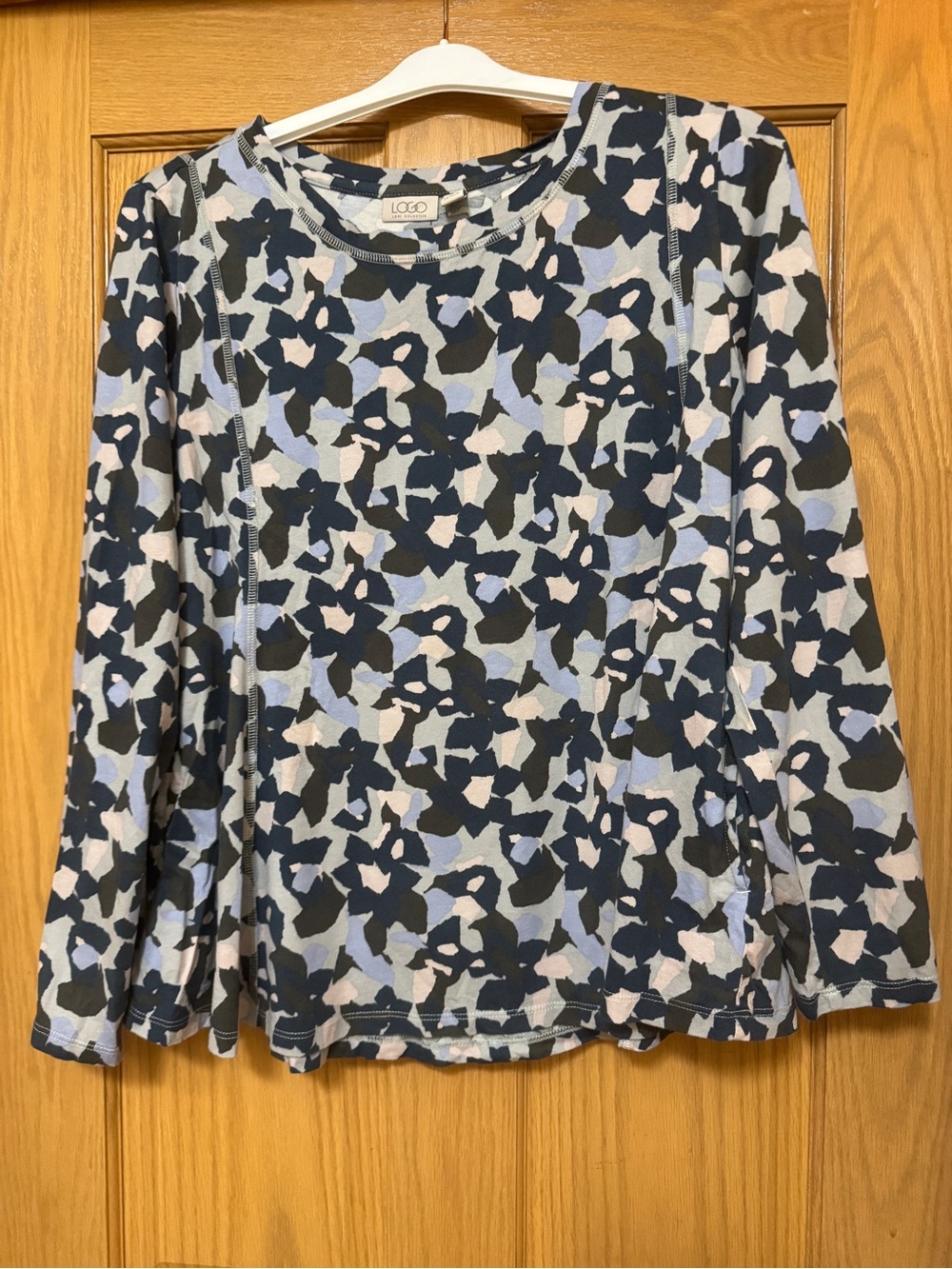 LOGO by Lori Goldstein Navy, Light Blue & Cream Floral-Print Long Sleeve Top